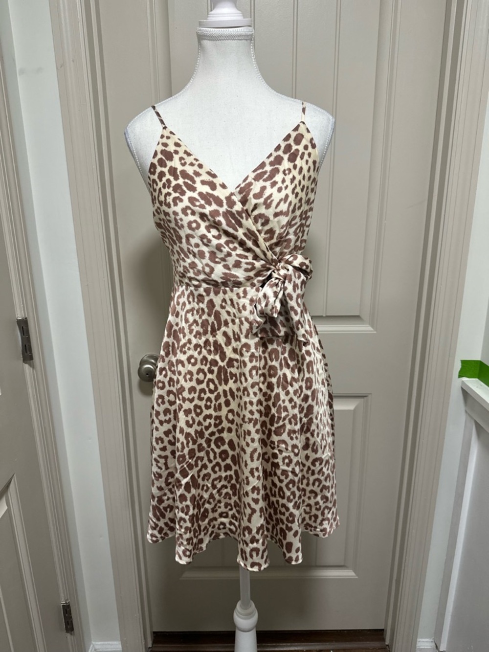 Express Leopard-Print Wrap Mini Dress in Cream and Brown